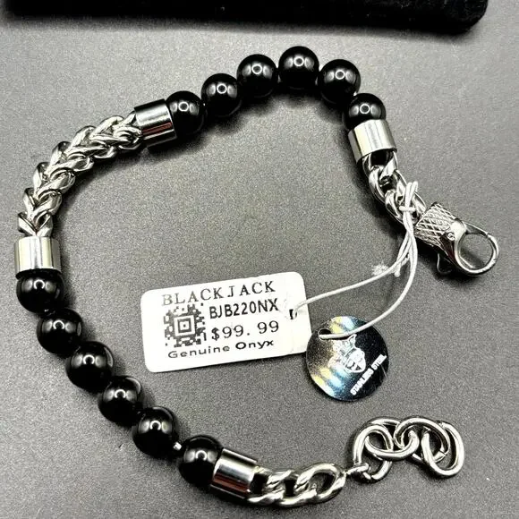 Blackjack BJB220NX Mens Genuine Onyx Bead & Stainless Steel Franco Bracelet NWT